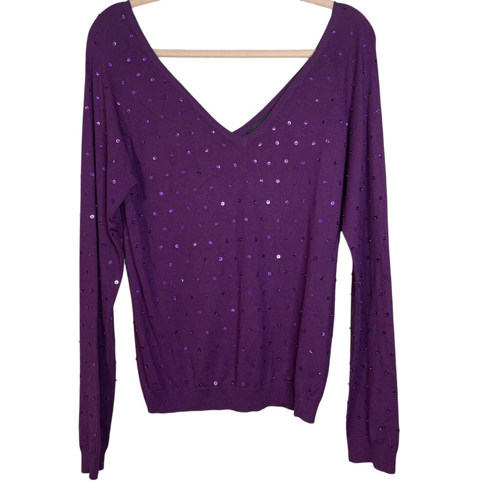 Attention Silk Blend Purple Sweater - Deep V Neck Sequined/Beaded - Size Small